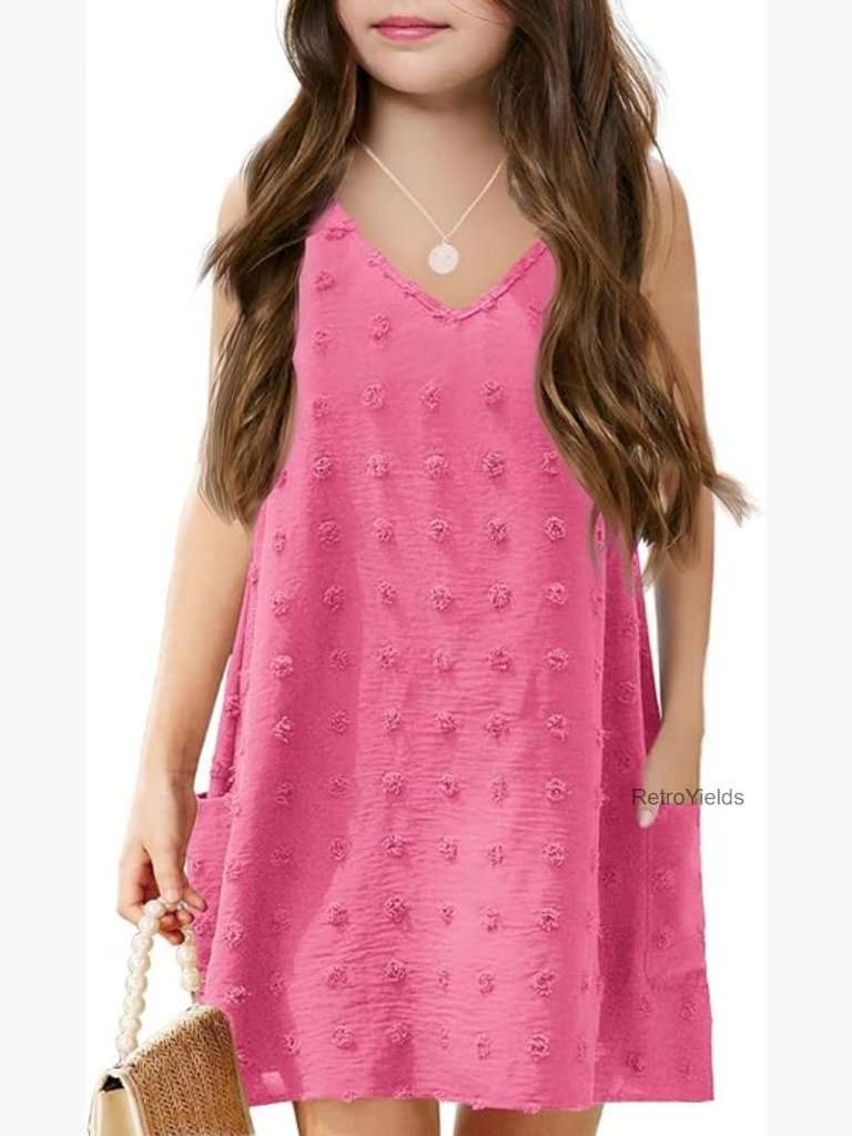 Girls Swim Cover Up V Neck Swiss Polka Dot Beach Dress With Pockets 4-14 Years